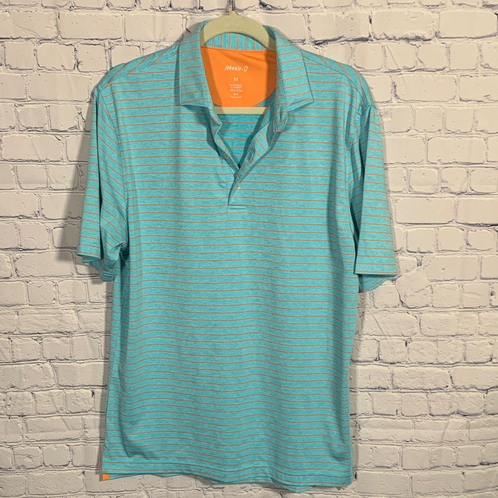 Johnnie-O Mens Striped Short Sleeve Performance Polo Blue Orange Sz M Golf Prep